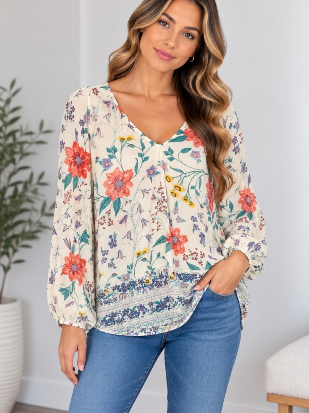 Old Navy Women’s Floral Print Long Sleeve Blouse, size Large